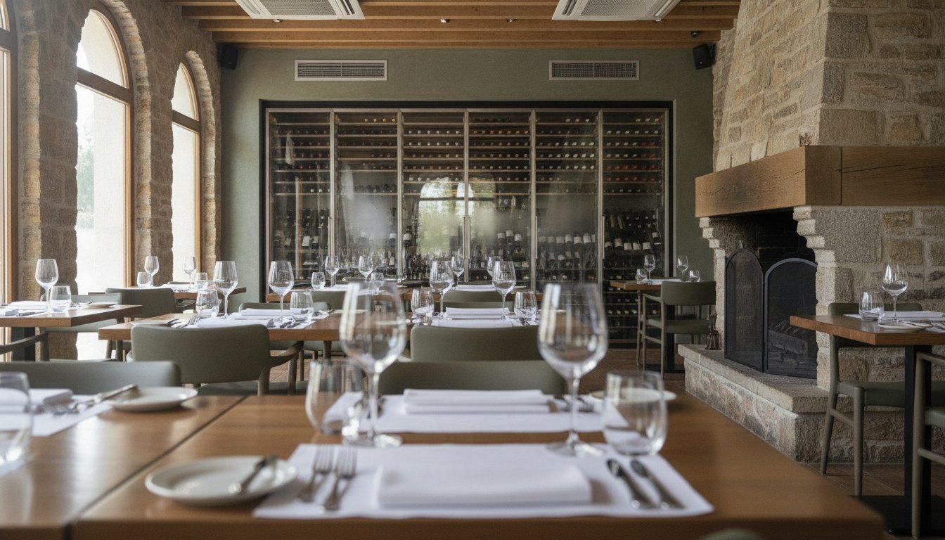 Salão de um restaurante rústico bem iluminado com mesas arrumadas e adega climatizada ao fundo.