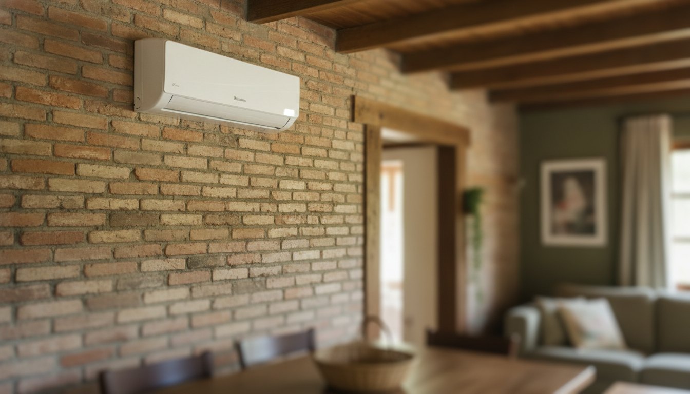 Unidade interna de ar-condicionado instalada em uma parede de tijolos rústicos de um chalé.