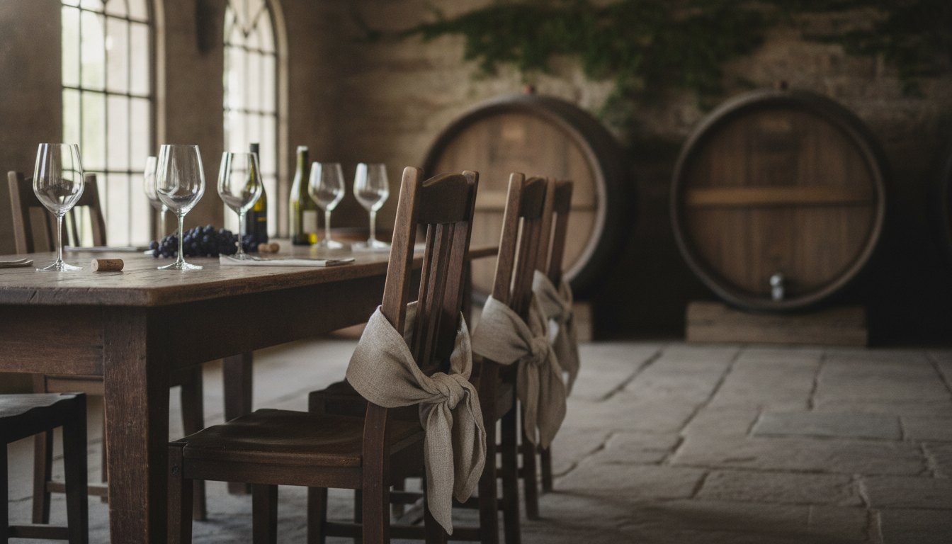 Pessoas vendadas sentadas à mesa segurando taças de vinho em ambiente rústico