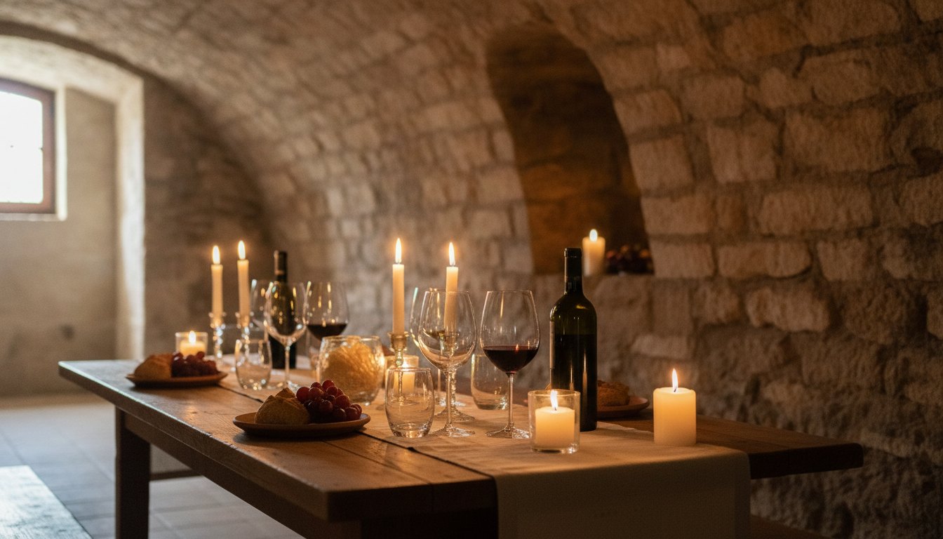 Mesa rústica posta com taças de vinho e iluminada por velas em cave de pedra.