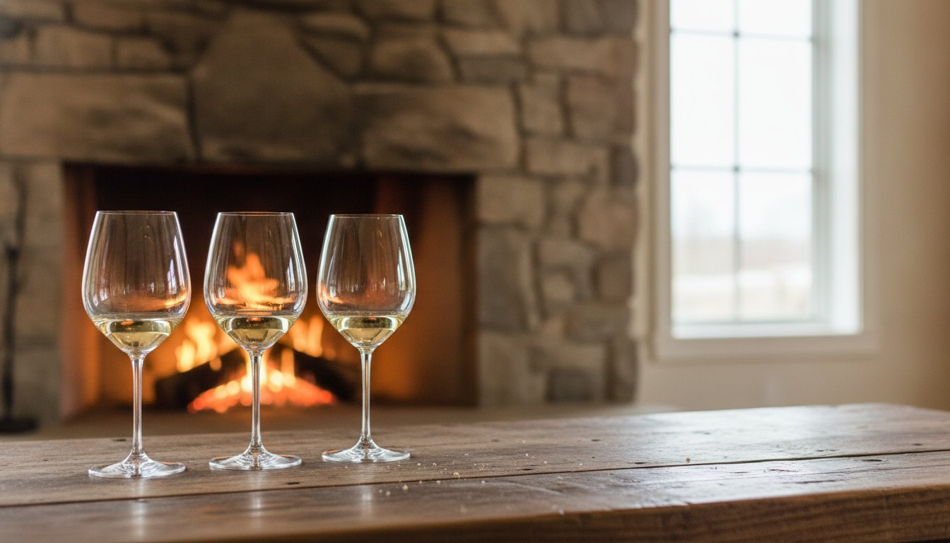 Taças de vinho sobre mesa de madeira rústica com lareira de pedra acesa ao fundo.
