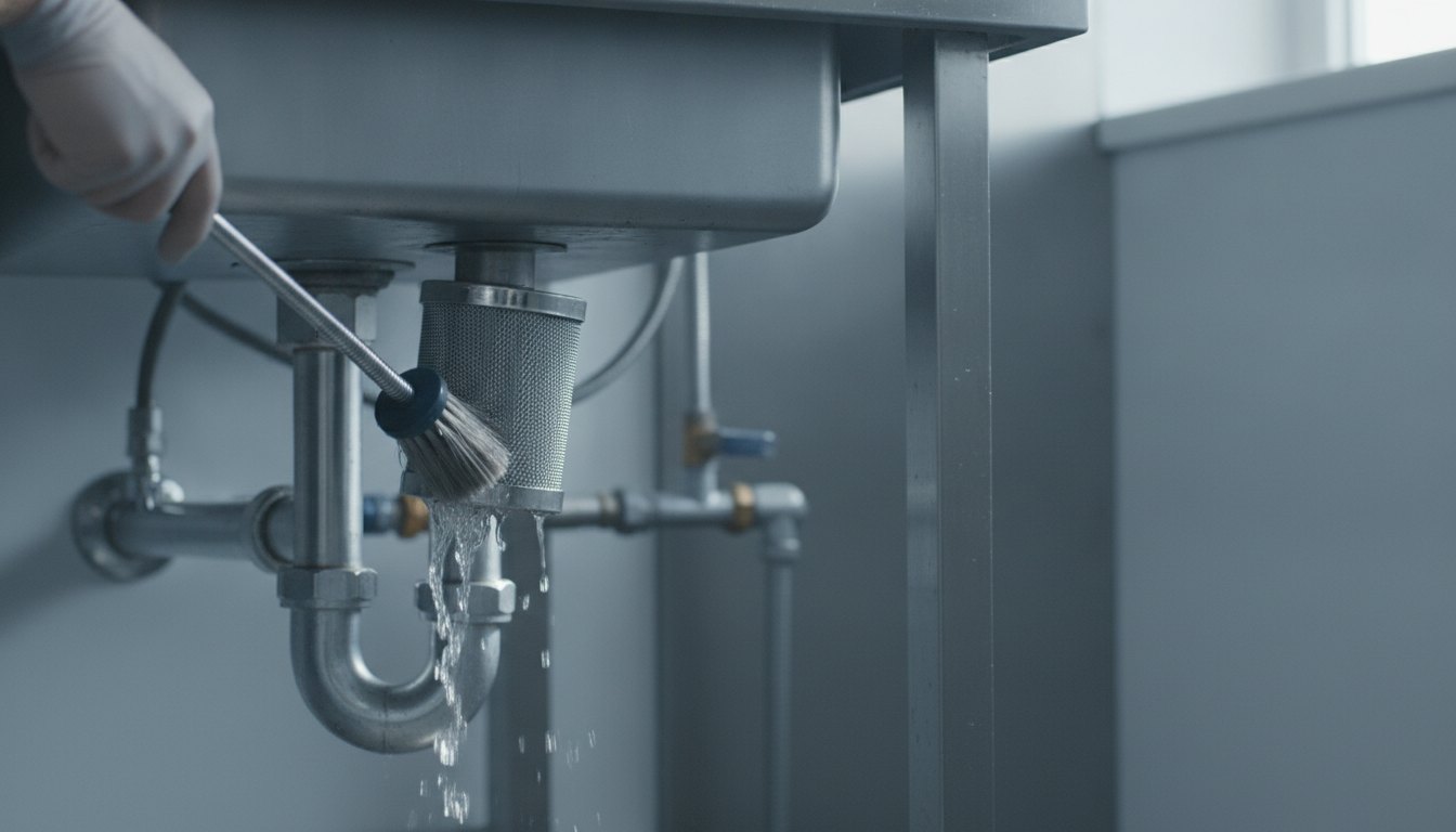 Profissional com luvas limpando os filtros e a tubulação de uma pia em cozinha comercial.
