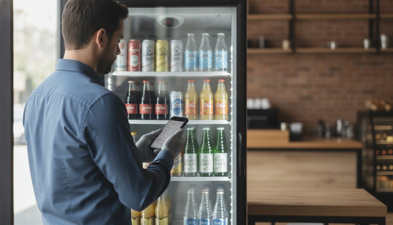 Garçom utilizando um smartphone para registrar pedidos ao lado de uma geladeira expositora de bebidas.
