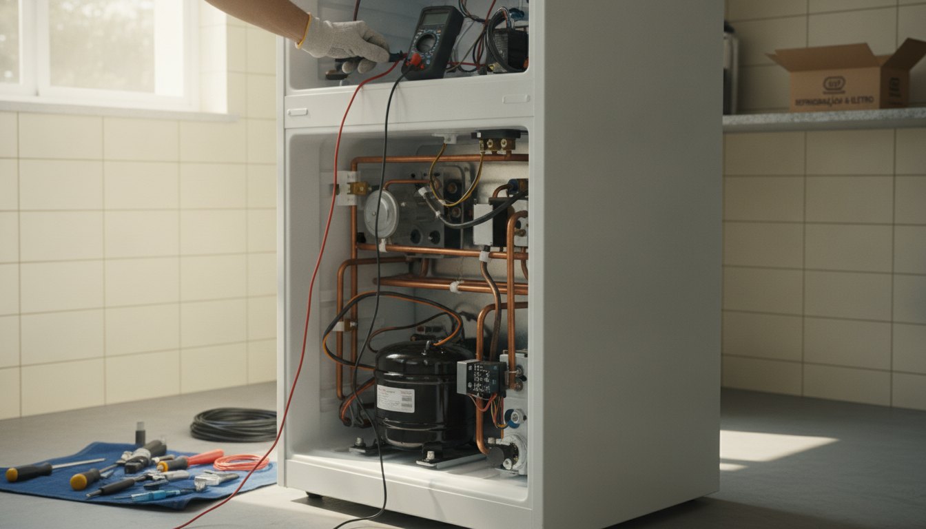 Técnico inspecionando o motor de um refrigerador branco em uma área de serviço bem iluminada.