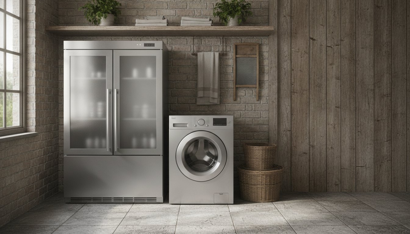 Geladeira comercial de inox e máquina de lavar em uma área de serviço rústica