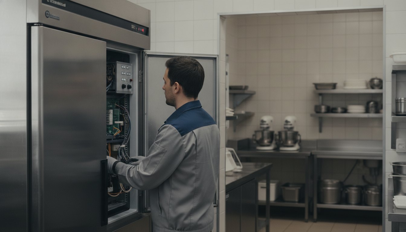 Técnico uniformizado inspeciona o painel de um refrigerador comercial em uma cozinha de restaurante.