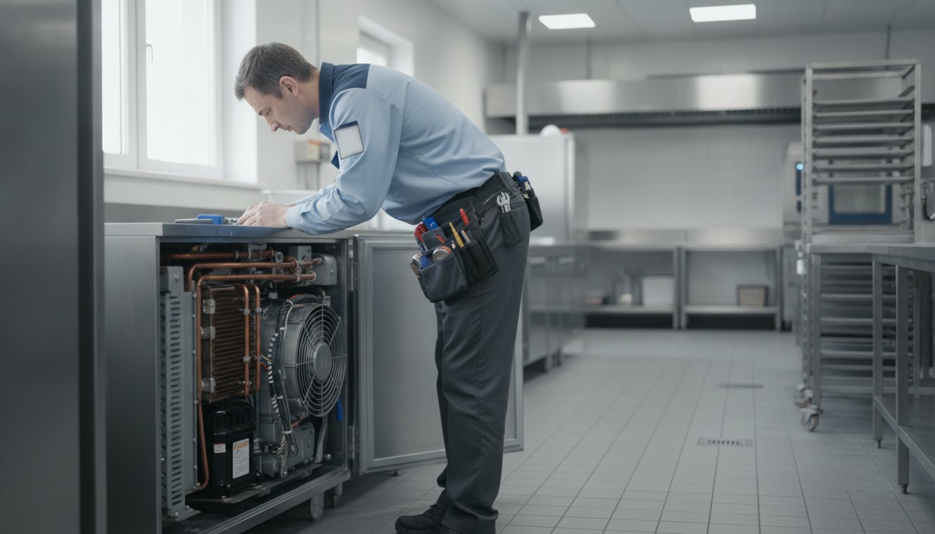 Técnico uniformizado inspeciona o motor de uma geladeira comercial de inox em cozinha industrial.