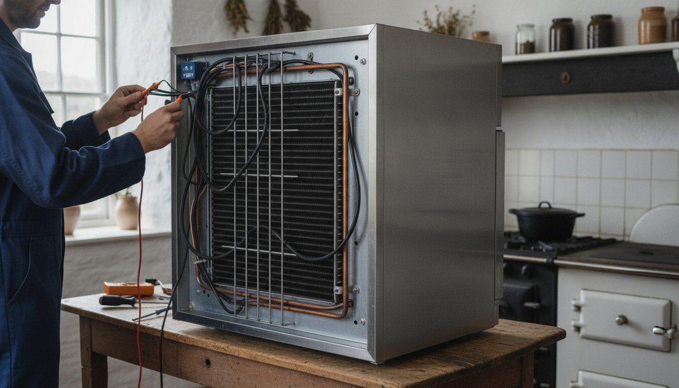 Técnico de manutenção inspecionando o painel traseiro de um refrigerador comercial em cozinha rural.