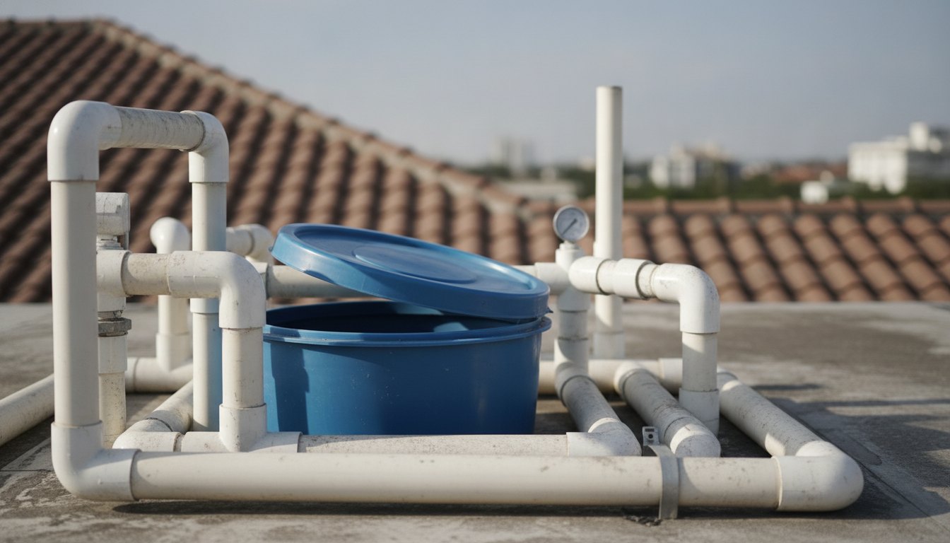 Tampa de caixa d'água azul aberta com tubulações de PVC ao redor em um telhado.