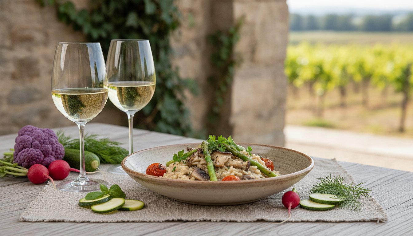 Taças de vinho branco ao lado de prato com risoto de cogumelos e legumes frescos.