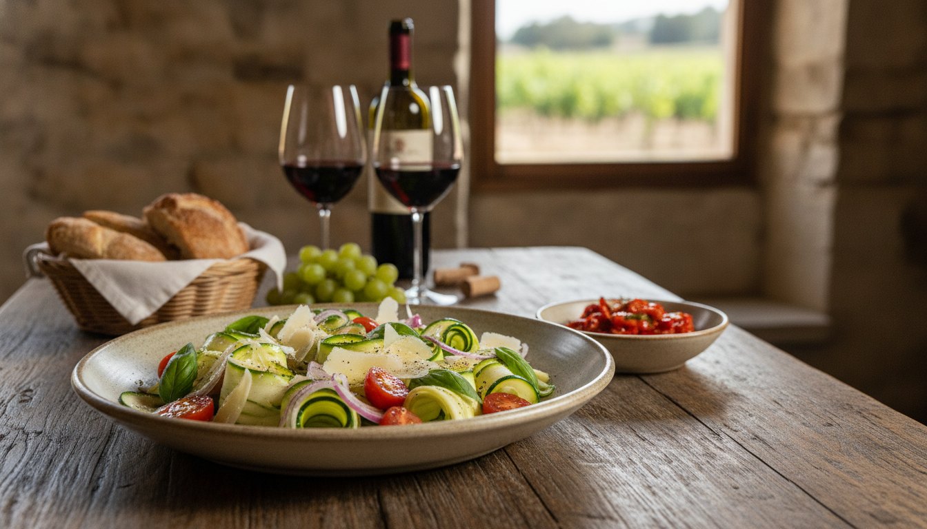 Prato com ingredientes frescos servido em mesa de madeira rústica com taças de vinho ao fundo.