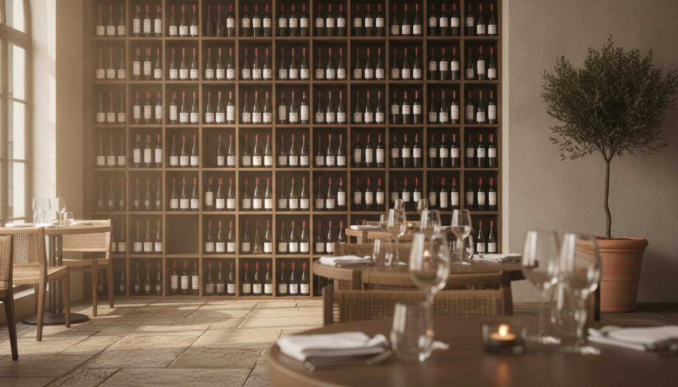 Salão iluminado de um wine bar com estantes de madeira cheias de garrafas e mesas arrumadas.