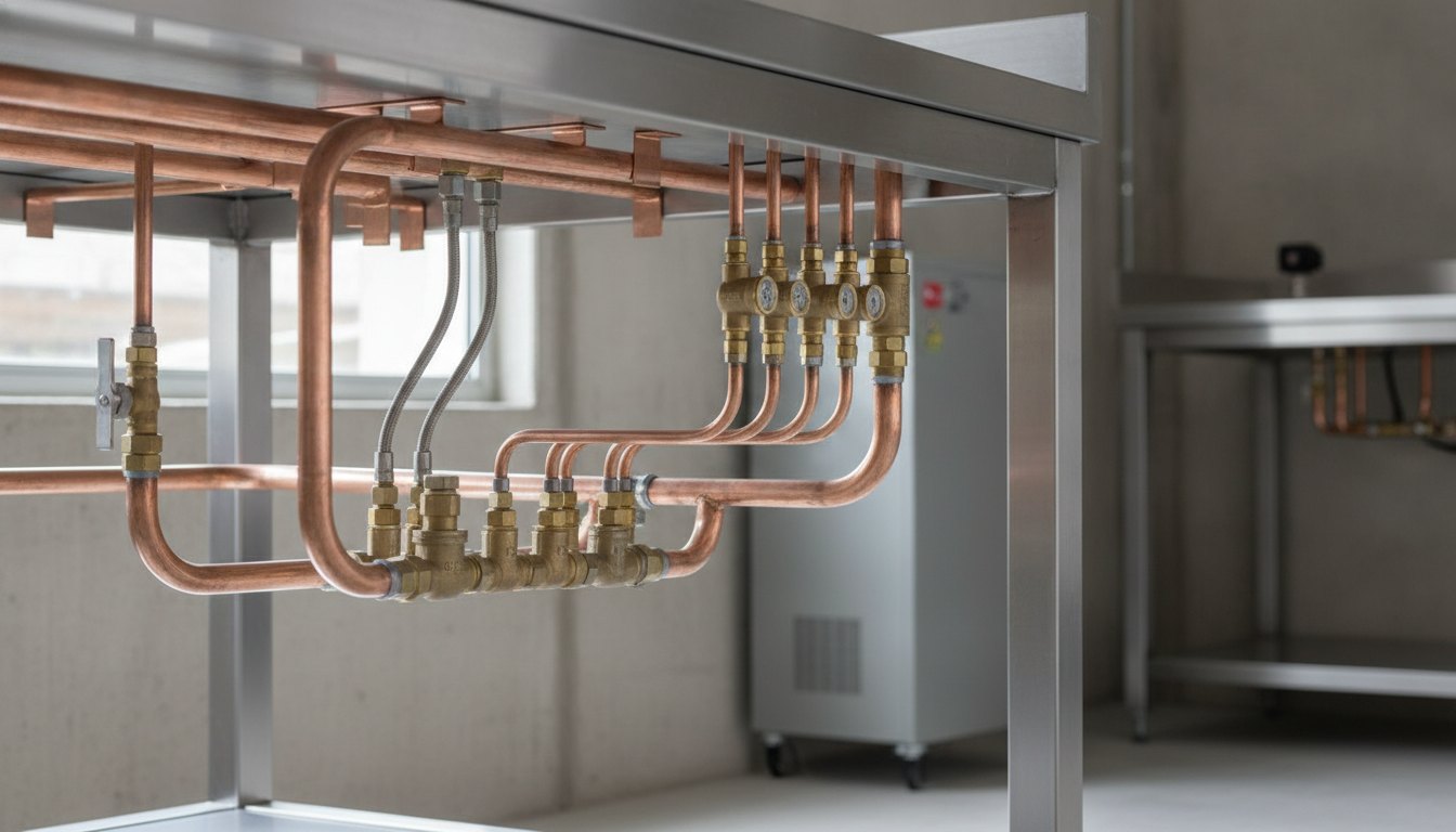 Instalação de tubos de cobre e válvulas de gás sob uma bancada de aço inox.