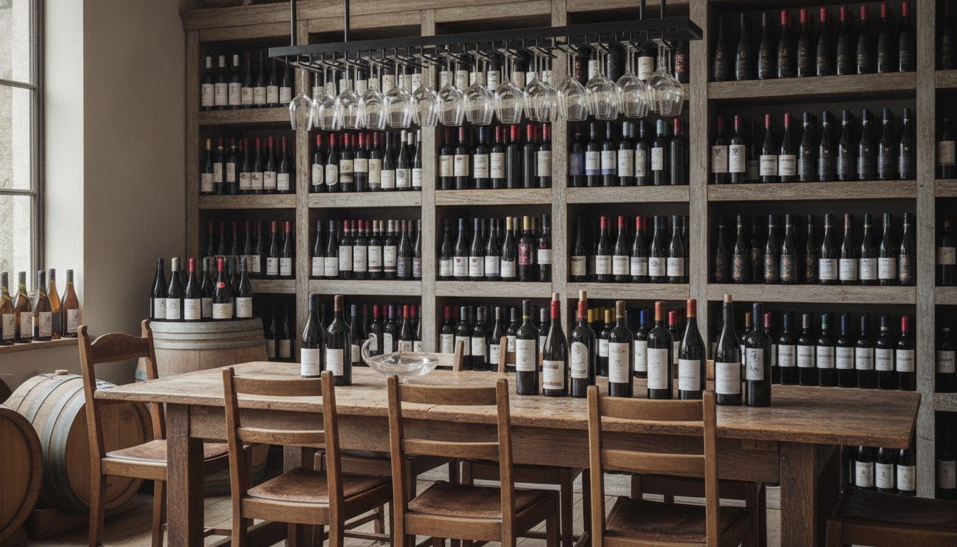 Sala de degustação rústica com mesa de madeira, cadeiras e prateleiras repletas de garrafas de vinho.