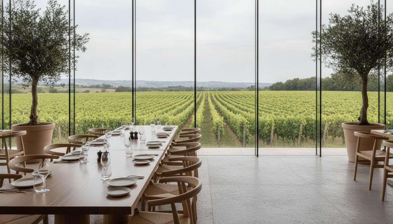 Salão de restaurante com grandes janelas de vidro voltadas para uma plantação de uvas verdes.