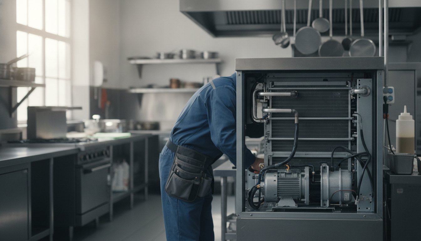 Técnico uniformizado inspecionando o motor de uma geladeira comercial em uma cozinha de restaurante.