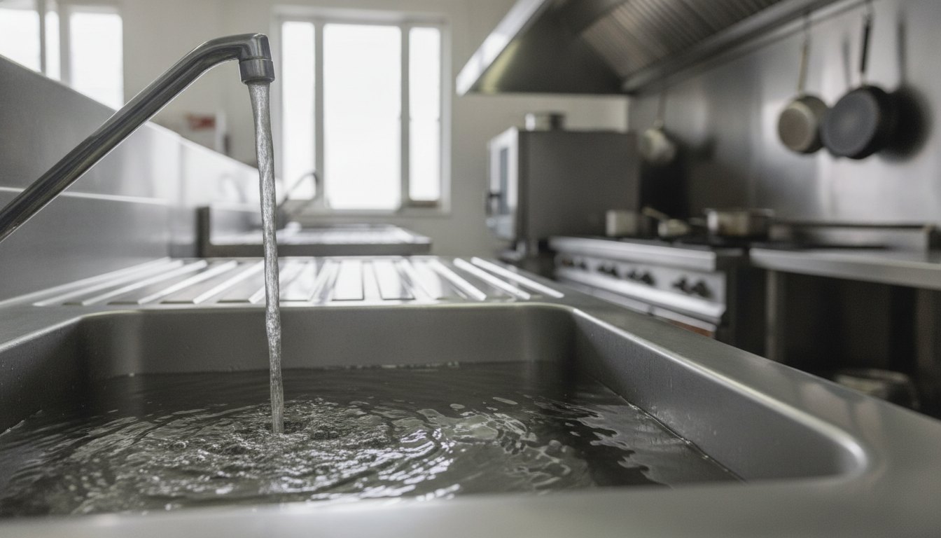 Pia de aço inox com torneira aberta e água escoando em uma cozinha de restaurante.