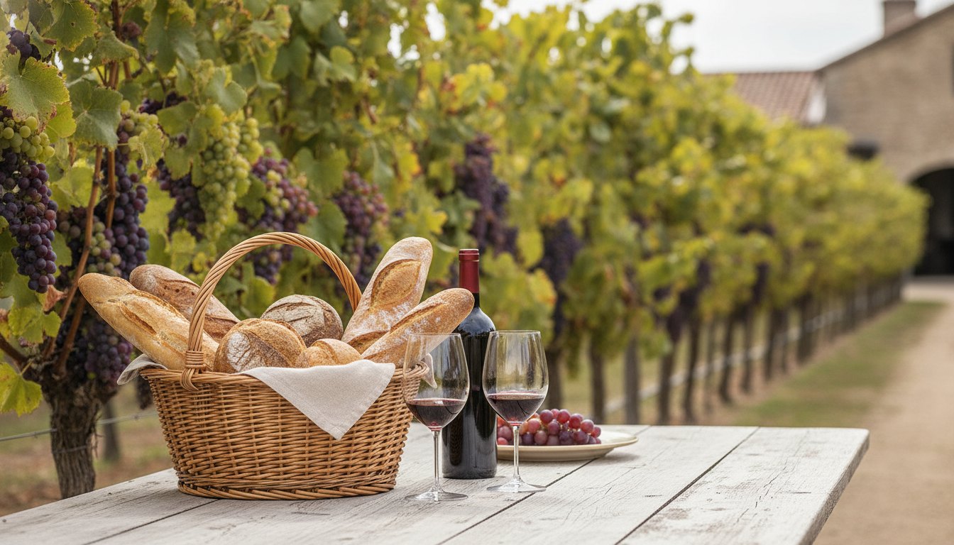 Cesta de vime com pães e taças sobre mesa de madeira próxima a parreiras frutificadas.