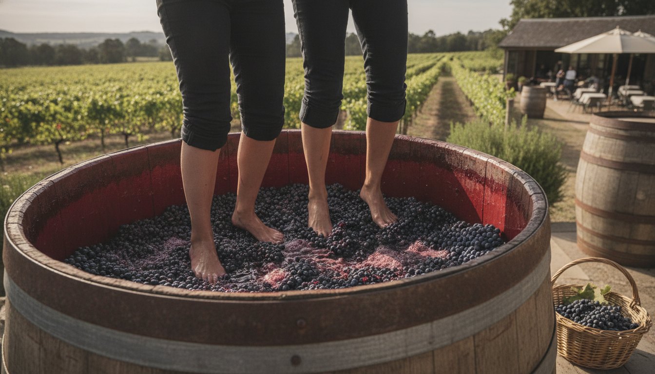 Pessoas descalças dentro de um grande barril de madeira pisando em uvas roxas recém-colhidas.
