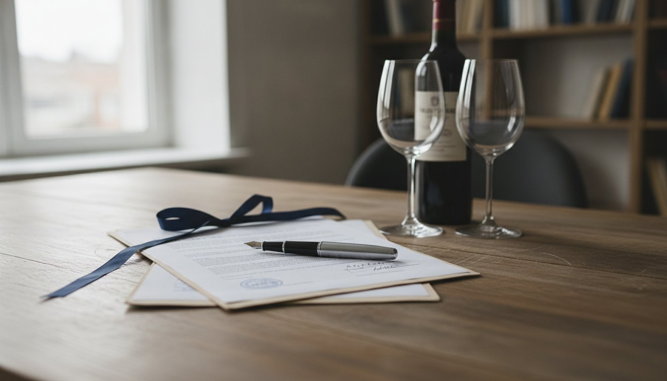 Documentos jurídicos e uma caneta sobre uma mesa de madeira ao lado de taças de vinho.