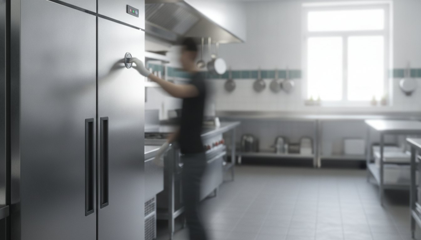 Chef de cozinha inspeciona o termostato de uma geladeira comercial de inox em ambiente iluminado.