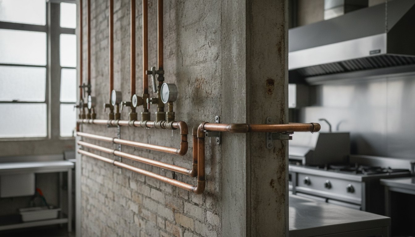 Tubulações de cobre e registros metálicos expostos na parede de uma cozinha industrial.
