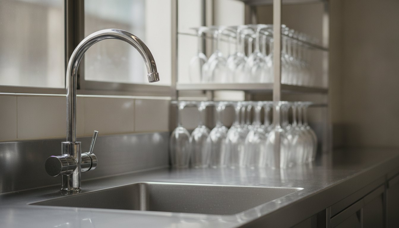 Torneira industrial de inox sobre pia de restaurante com taças de vidro ao fundo.