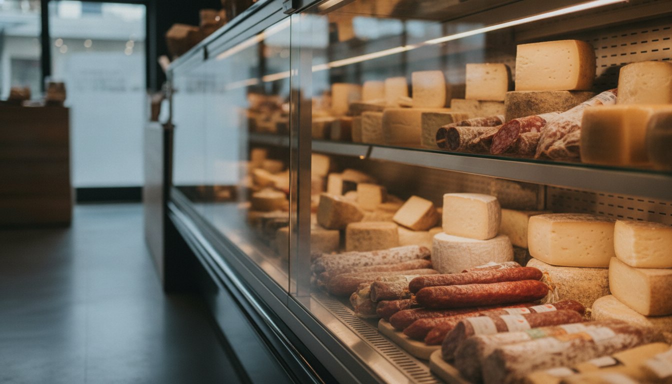 Vitrine refrigerada de um empório exibindo diferentes tipos de queijos curados e salames organizados em prateleiras iluminadas.