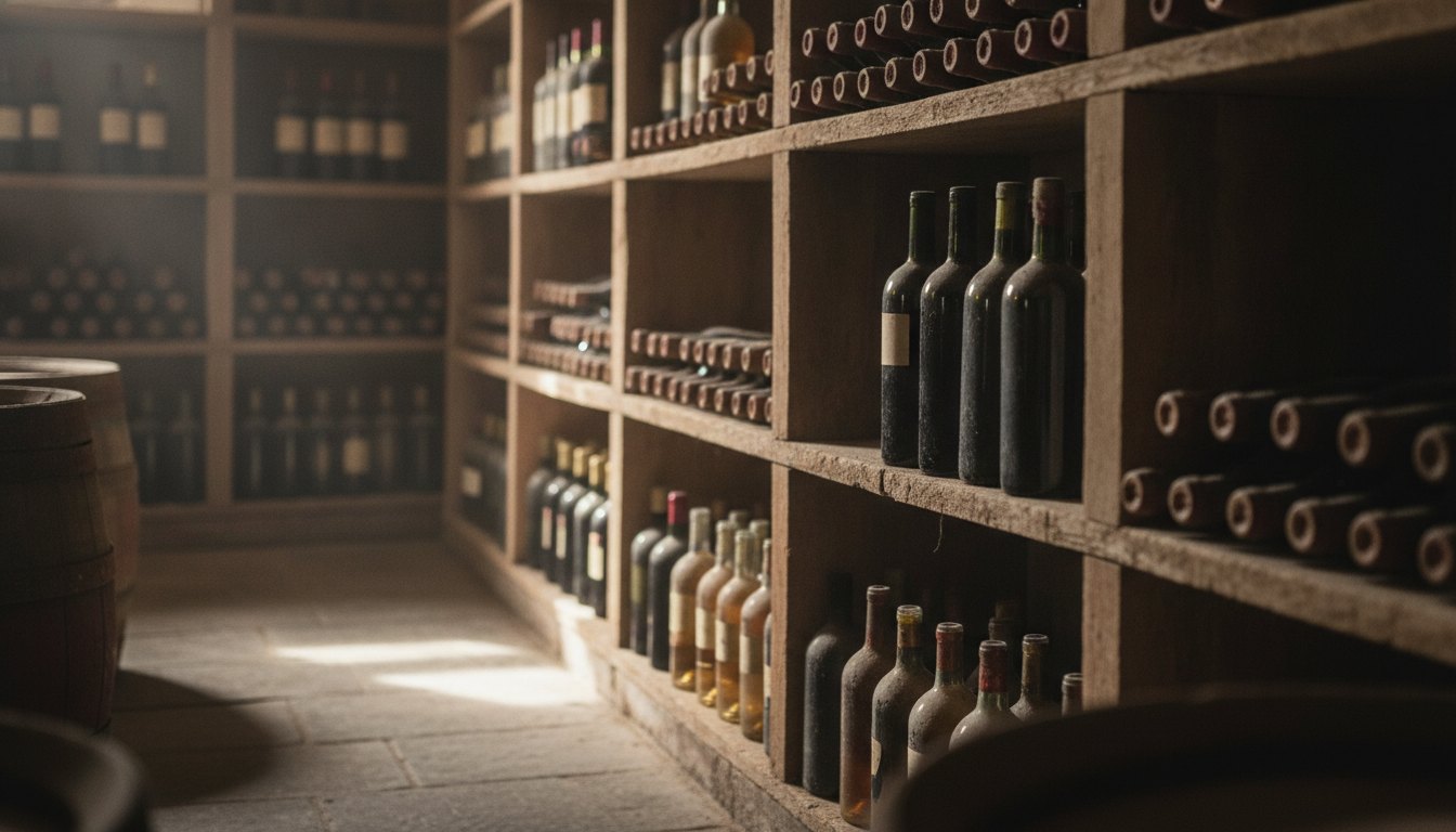 Interior de uma adega rústica com prateleiras de madeira repletas de garrafas de vinho alinhadas