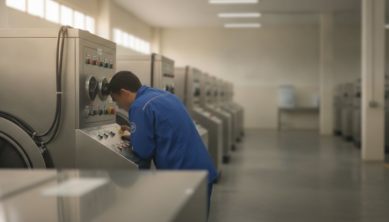 Técnico de uniforme inspecionando o painel de uma máquina de lavar industrial em uma lavanderia.