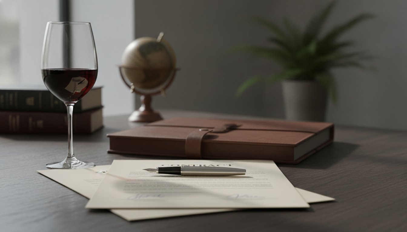 Mesa de escritório com documentos de contratos, uma taça de vinho e caneta sobre papéis.