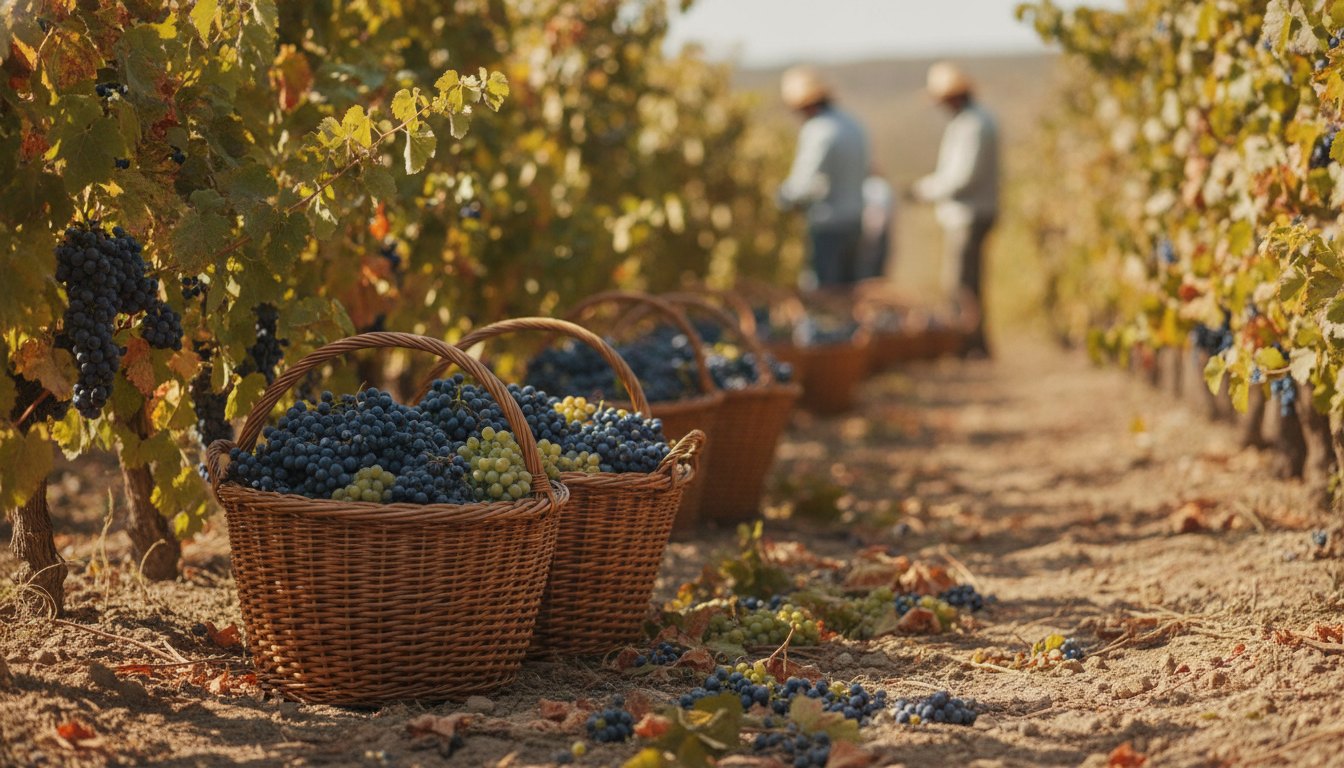 Trabalhadores rurais colhendo uvas em um vinhedo durante o dia com cestos cheios de frutas.