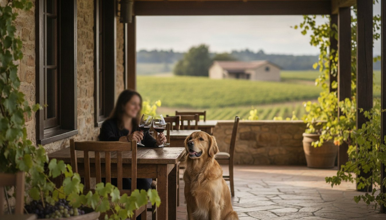 Casal em varanda de restaurante rural brindando com taças de vinho ao lado de cachorro.