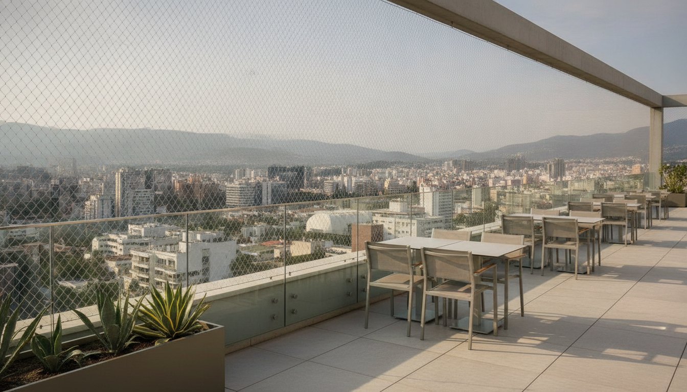 Terraço panorâmico de um restaurante com guarda-corpo de vidro e tela de proteção instalada.