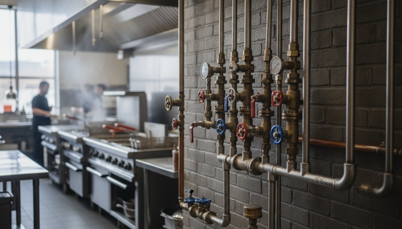 Tubulações metálicas e registros de controle instalados na parede de uma cozinha industrial em funcionamento.