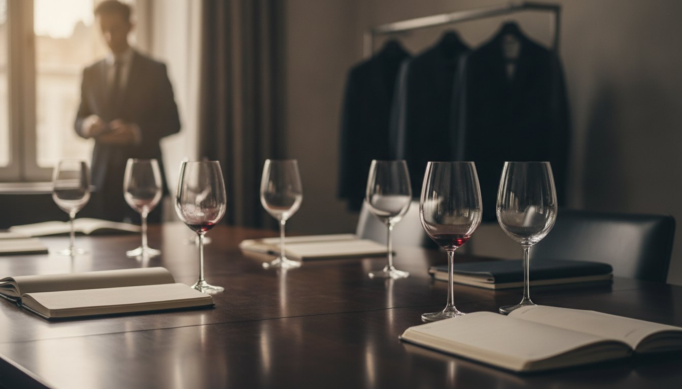 Pessoas de terno conversando em uma mesa de madeira com taças de vinho ao fundo
