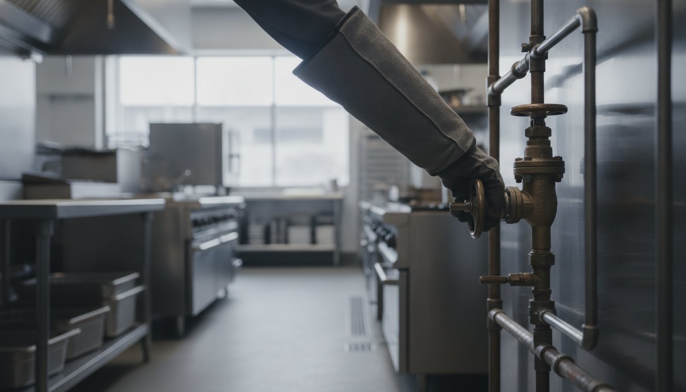 Profissional com luvas de proteção ajustando uma válvula metálica em uma cozinha industrial de restaurante.