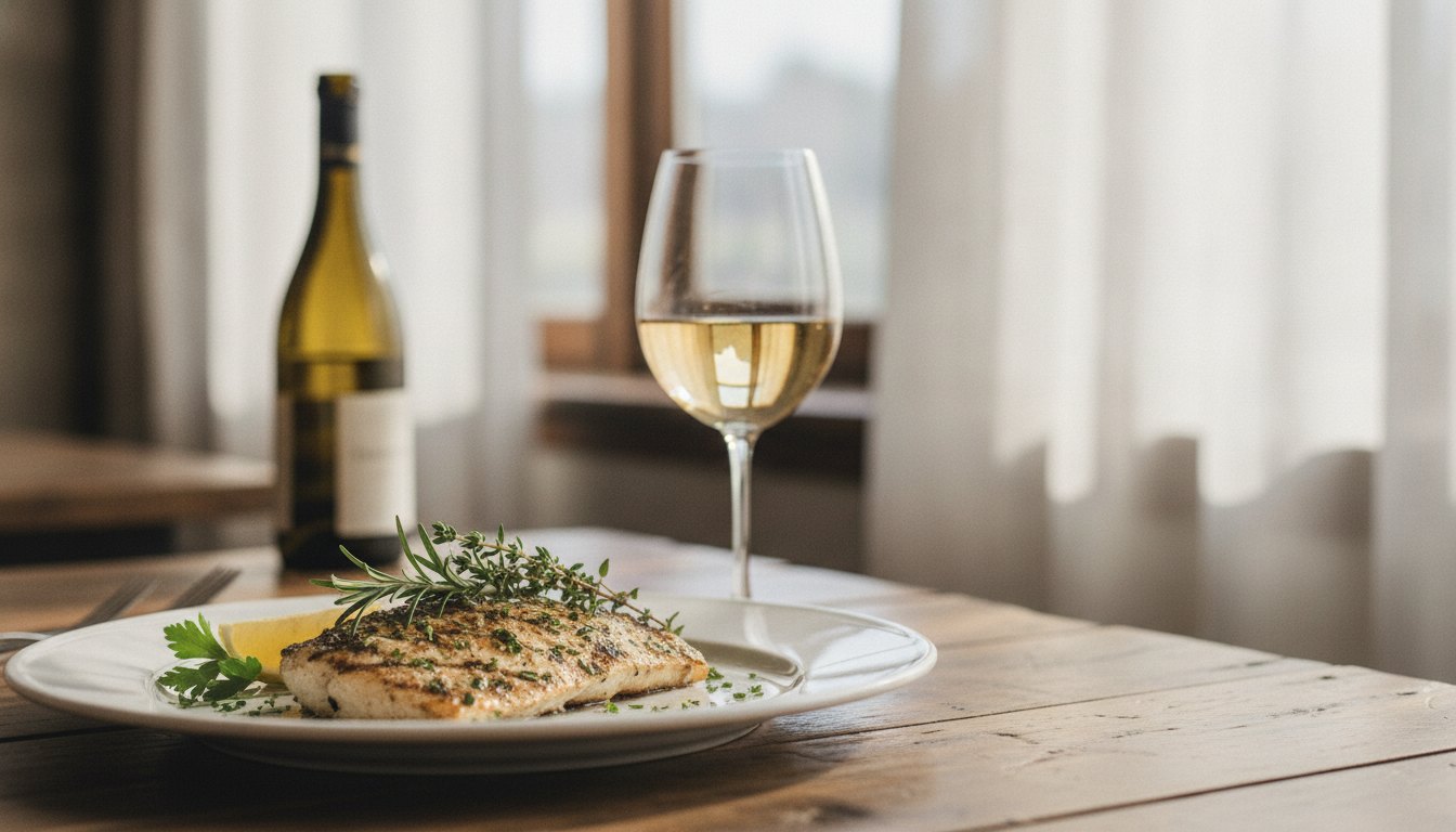 Prato com filé de peixe grelhado e ervas frescas ao lado de uma taça de vinho.